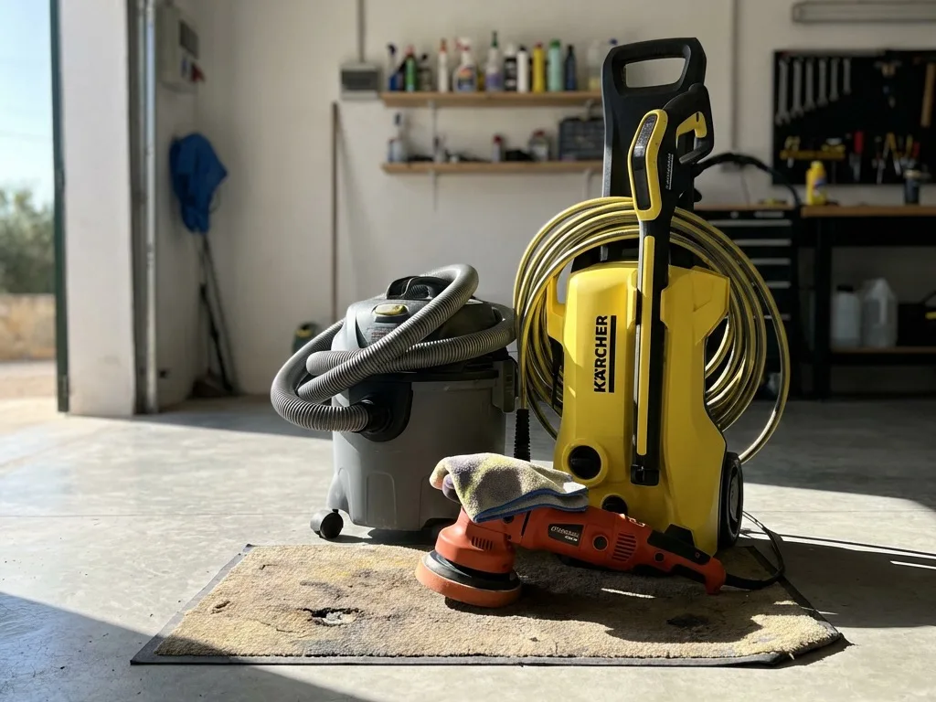 A yellow pressure washer, a workshop vacuum and a polisher on a rug in a garage with the door open and sunlight coming in.