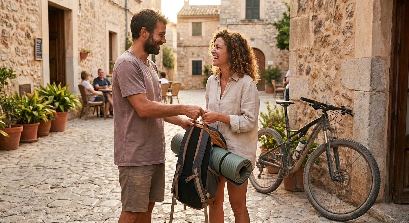 A man and a woman exchange a backpack with a camping mat on a cobbled street in a Mallorcan village, with a bicycle in the background.